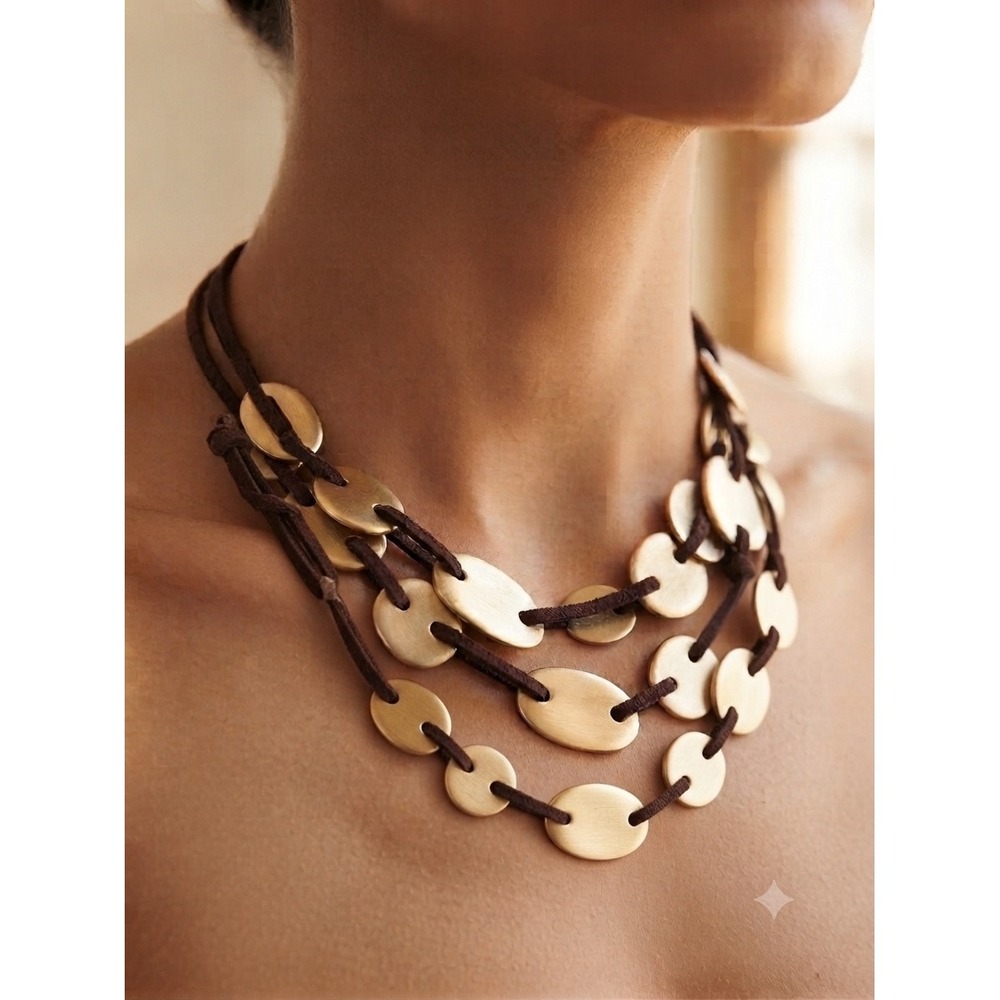 TINT Women Matte Gold Tone Oval Disc Multi Strand Cord Statement Necklace 19in